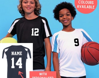 Kids Personalised Contrast Sport T Shirt Team Kit NAME & NUMBER Football PE Gym Polyester