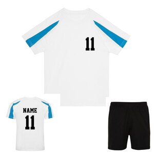 Kids Personalised Contrast Sport T Shirt Shorts Kit Name & Number Football PE Gym Sport Polyester WHITE and SAPPHIRE
