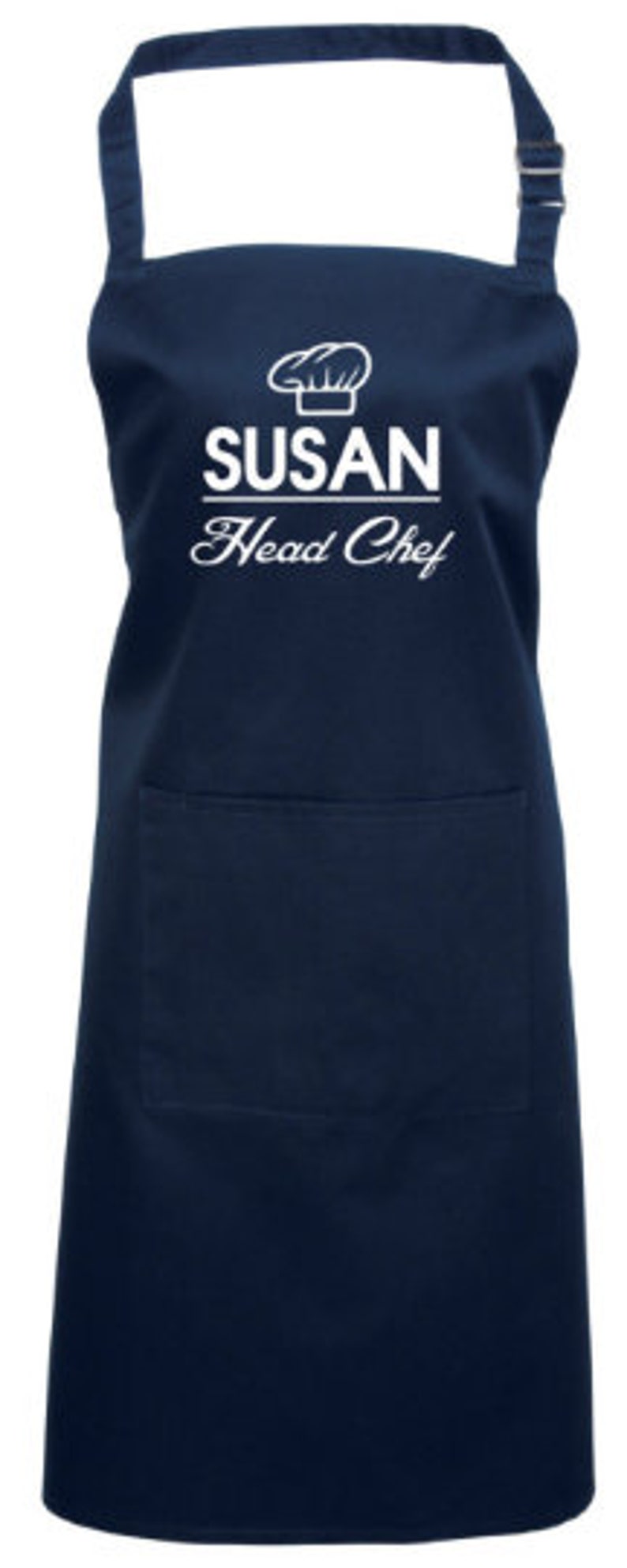 May include: A navy blue apron with a white chef hat graphic and the text "SUSAN Head Chef".