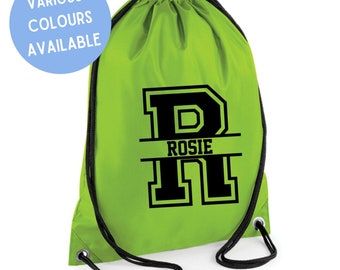 Personalised Name and Split Letter Drawstring Bag Club PE Custom Name Adult Team Kit Uniform College Sport Adult Bag Gym Backpack Soccer Bag