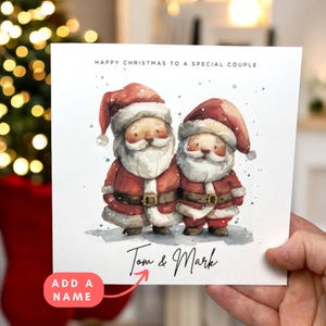 Gepersonaliseerde kerstkaart kerstman koppel homoseksueel stel burgerlijk partner LGBTQIA+ wenskaart, 2 kerstmannen zijn feestelijke groet