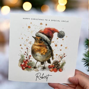 Jolie carte de Noël personnalisée Robin Redbreast, carte de voeux, carte pour un ami proche, carte personnalisée, voeux de vacances, scène festive