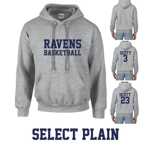 Ravens basketbal hoodie unisex volwassen grijs sweatshirt met capuchon voor- en achterkant afdrukopties Lucas Nathan Scott One Tree Hill geïnspireerd