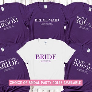 Custom Personalised Hen Party T shirts Bridal Role Mother Of Bride Bridesmaid Team Bride Bridal Shower Shirts Bride To Be Maid of Honour PUR