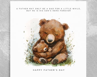 Father's Day Card From Son, Card For Dad From Adult Son, Card To Daddy, Father's Day Gift, Cute Bear and Cub, Watercolour Father's Day Card