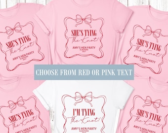 Personalisierte pinke Junggesellinnenabschieds-Shirts „Tiing the Knot“ – Oberteile für die Brautjungfern