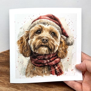 Cockapoo-kerstkaart, kaart voor hondeneigenaar, huisdiereigenaar kerstmis, hondenkerstkaart, aquarel hond, feestelijke kaart, kaart voor dierenliefhebber,