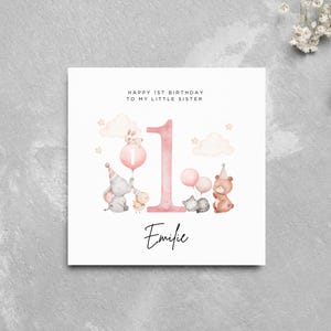 Personalisierte 1. Geburtstagskarte MEINE KLEINE SCHWESTER Niedliche Tiere Babytiere Personalisierte Geburtstagsmädchen Name Baby spezielles Mädchen