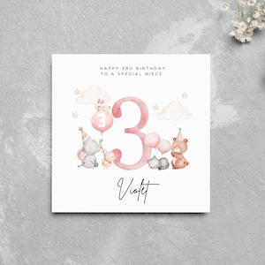 Personalised 3rd Birthday Card Niece Cute Animals Baby Animals Personalised Birthday Girl Name Baby Girl Special Girl