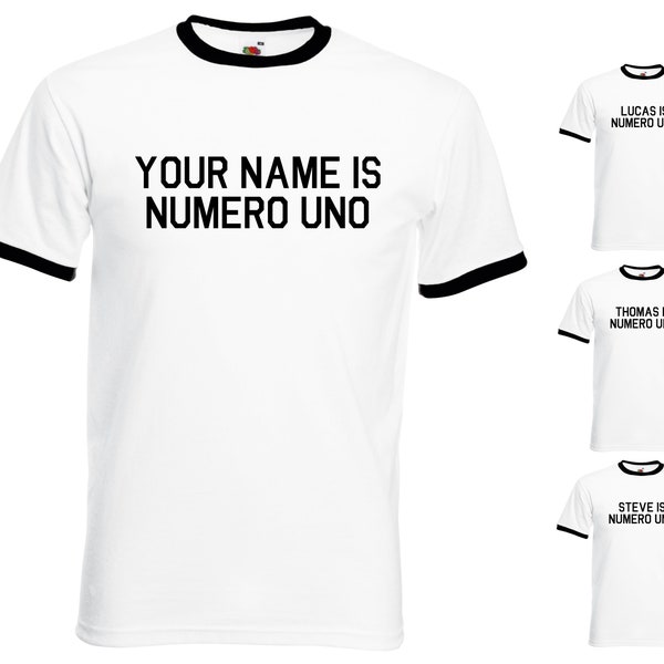 Custom Personalised Your Name Is Numero Uno Mens/Adults Ringer Tshirt - Novelty Arnie Inspired Pumping Iron Muscle Fancy Dress Party Gift