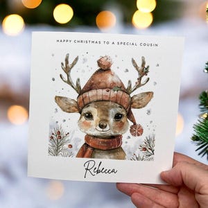 Personalisierte niedliche Rentier-Weihnachtskarten-Grußkarte, Karte für Freund relativ, personalisierte Karte, Feiertagsgruß-festliche Szene