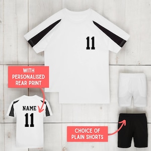 Kids Personalised Contrast Sport T Shirt Shorts Kit Name & Number Football PE Gym Sport Polyester WHITE and BLACK