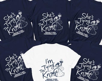 Personalisierte Shirts für den Junggesellinnenabschied „Tiing the Knot“, passende Oberteile für Braut und Junggesellin beim Brautparty