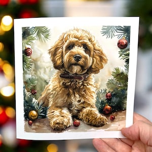 Cockapoo-kerstkaart, kaart voor hondeneigenaar, huisdiereigenaar kerstmis, hondenkerstkaart, aquarel hond, feestelijke kaart, kaart voor dierenliefhebber,