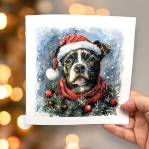 Staffordshire-bulterriër kerstkaart, kaart voor hondenbezitter, huisdiereigenaar kerstmis, hondenkerstkaart, aquarel hond, kaart voor dierenliefhebber
