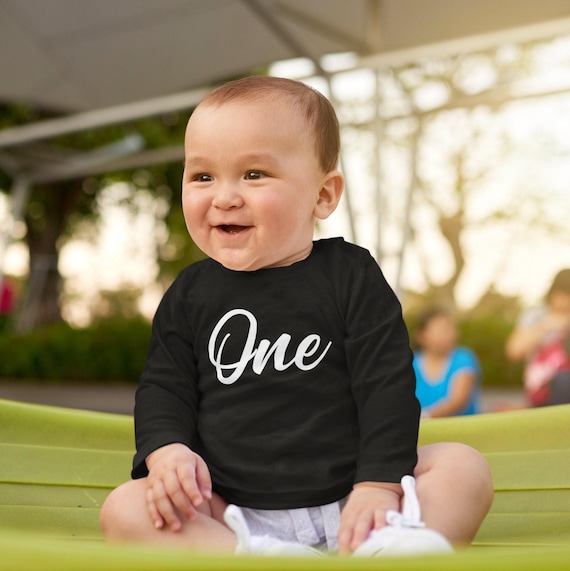 ONE 1st Birthday Kids LONG SLEEVE T-shirt Script Text Birthday