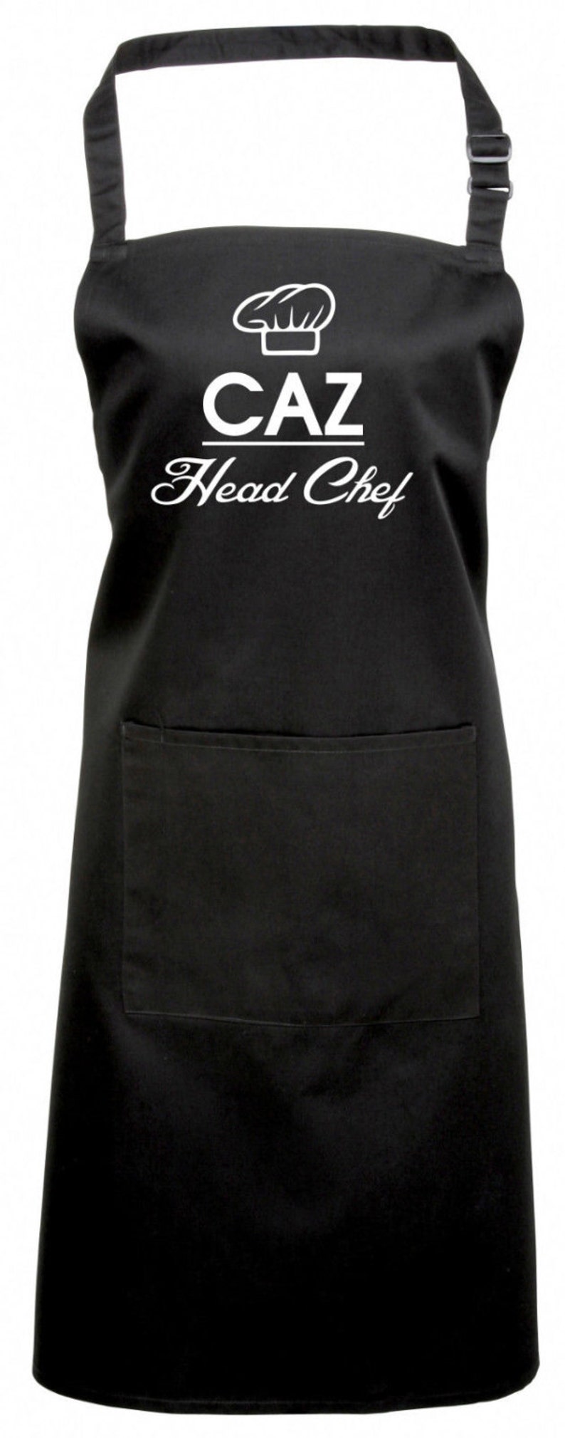 May include: Black apron with a white chef hat graphic and the text "CAZ Head Chef".