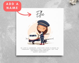 Personalised Female Pilot Birthday Card Partner Wife Girlfriend Plane Lover Airline Pilot Card Cute Cartoon Avgeek Flying Friend Relative