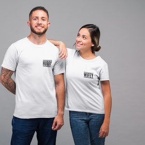 Hubby Wifey Couples TShirt Husband Wife Small Text Married Newlywed Wedding His Hers Wedding Gift Honeymoon Tshirts Just Married Bride Groom
