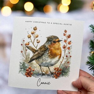 Jolie carte de Noël personnalisée Robin Redbreast, carte de voeux, carte pour un ami proche, carte personnalisée, voeux de vacances, scène festive
