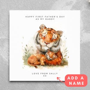 Gepersonaliseerde eerste Vaderdagkaart, kaart van zoontje, dochter, kaart voor vader, Tiger and Cub-kaart, leuke gepersonaliseerde naam nieuwe vader