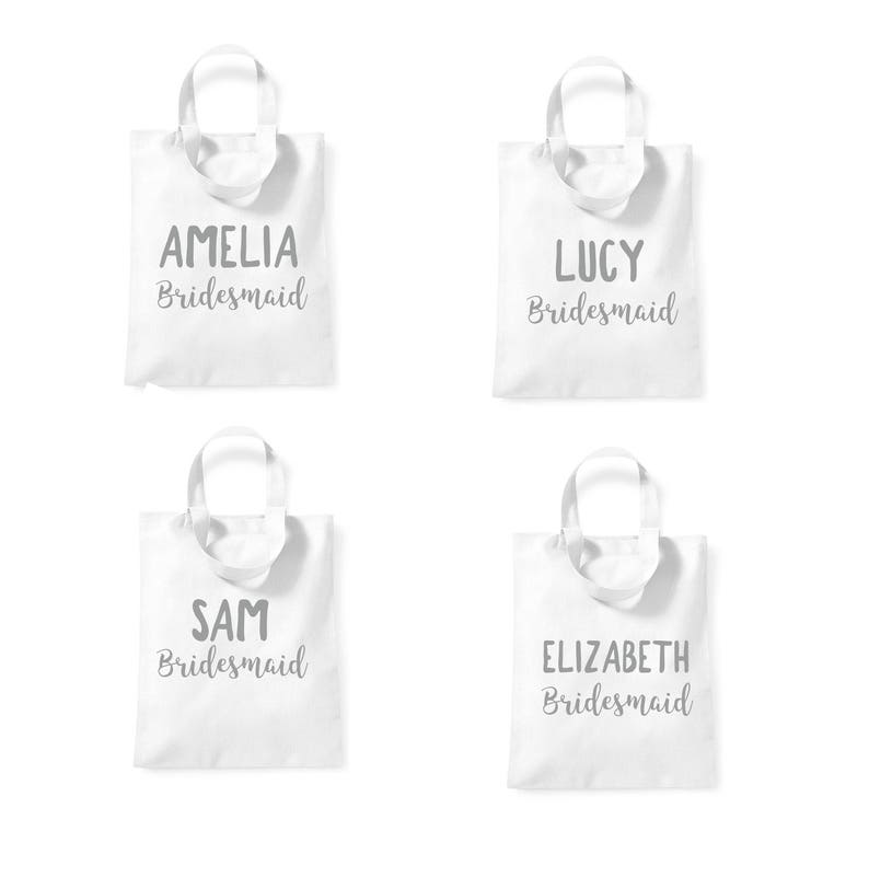 Custom Personalised Bridesmaid Name Small Short Handled Lightweight Mini Gift Tote Storage Bag Any NAME Personalized Keepsake Hen Party Bag image 1