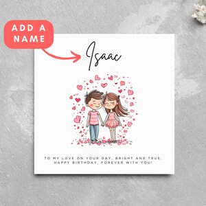 Personalisierte Geburtstagskarte Partner Frau Mann Freundin Freund Paar niedliche Cartoon romantische individuelle Name seine Hers Verlobte Verlobte