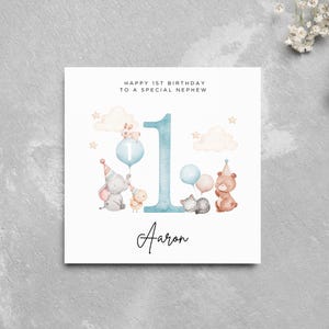 Gepersonaliseerde 1e verjaardagskaart NEFE Schattige dieren Babydieren Gepersonaliseerde naam verjaardag jongen Babyjongen Speciale jongen