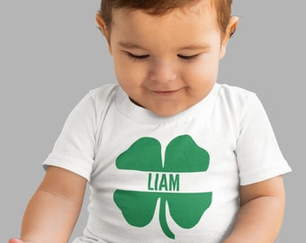 Personalised Kids Name Shamrock T-Shirt St Patrick's Day Irish Ireland St Patrick Party Fancy Dress Rugby Split Shamrock Baby Toddler Unisex