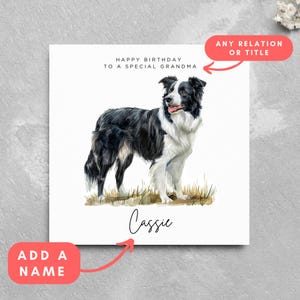 Gepersonaliseerde border collie verjaardagswenskaart, kaart voor vriend of familielid, hondenliefhebber, hondenuitlater hondenkaart aangepaste naam