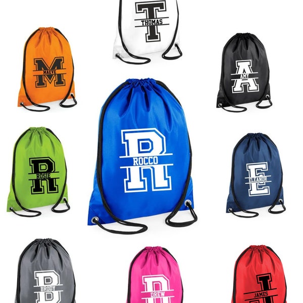 Personalised Name and Split Letter Drawstring Bag School Club PE Custom Name Childrens College Sports Adult Bag Kids Backpack Soccer Bag