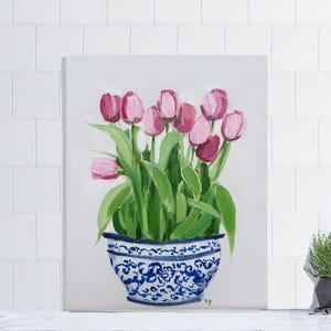 Original Gemälde, Blumen Wand Kunst Tulpe Gemälde, Rosa Tulpe Original Ölgemälde auf Leinwand Original Kunst Tulpe Blume Chinoiserie Gemälde