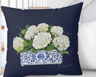 Blue Floral Pillow, Hydrangea Pillow Cover, Navy Throw Pillow, Hydrangea Decor, Accent Pillow, Chinoiserie Square Pillow