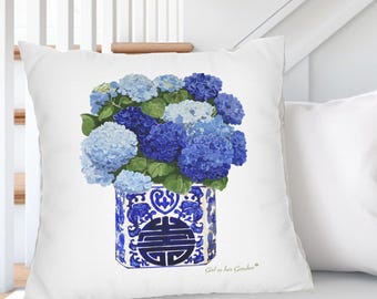 Blue Hydrangea Pillow, Chinoiserie Pillow Cover, Floral Pillowcase,  Floral Home Decor, Accent Pillow