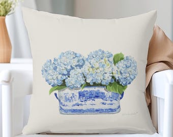 Blue Hydrangea Floral Pillow Cover, beige floral Pillow Case,  Accent Pillow, Designer Pillow Cover