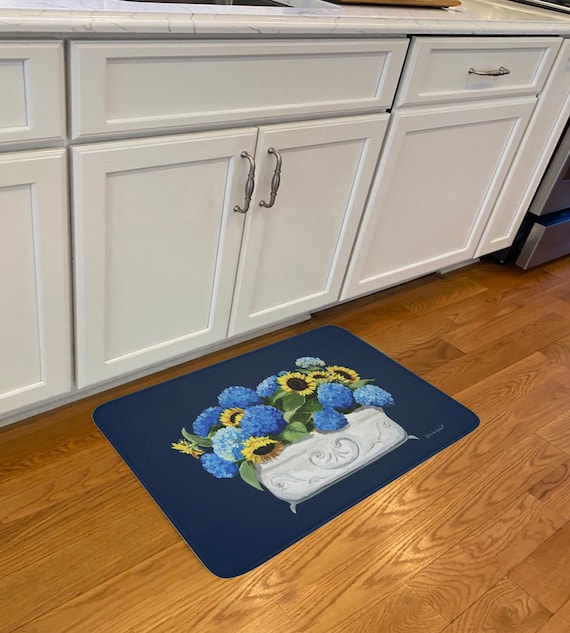 Floor Mat, Blue Floor Mat Sunflowers & Hydrangeas Anti Fatigue Mat Memory  Foam Cushion Mat Kitchen Mat for Floor Blue Kitchen Rug Floral Mat 