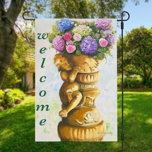 Welcome Garden Flag: Roses & Hydrangeas, Double Sided (12x18)