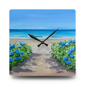 Coastal Wall Clock: Blue Hydrangeas, Beach House Decor