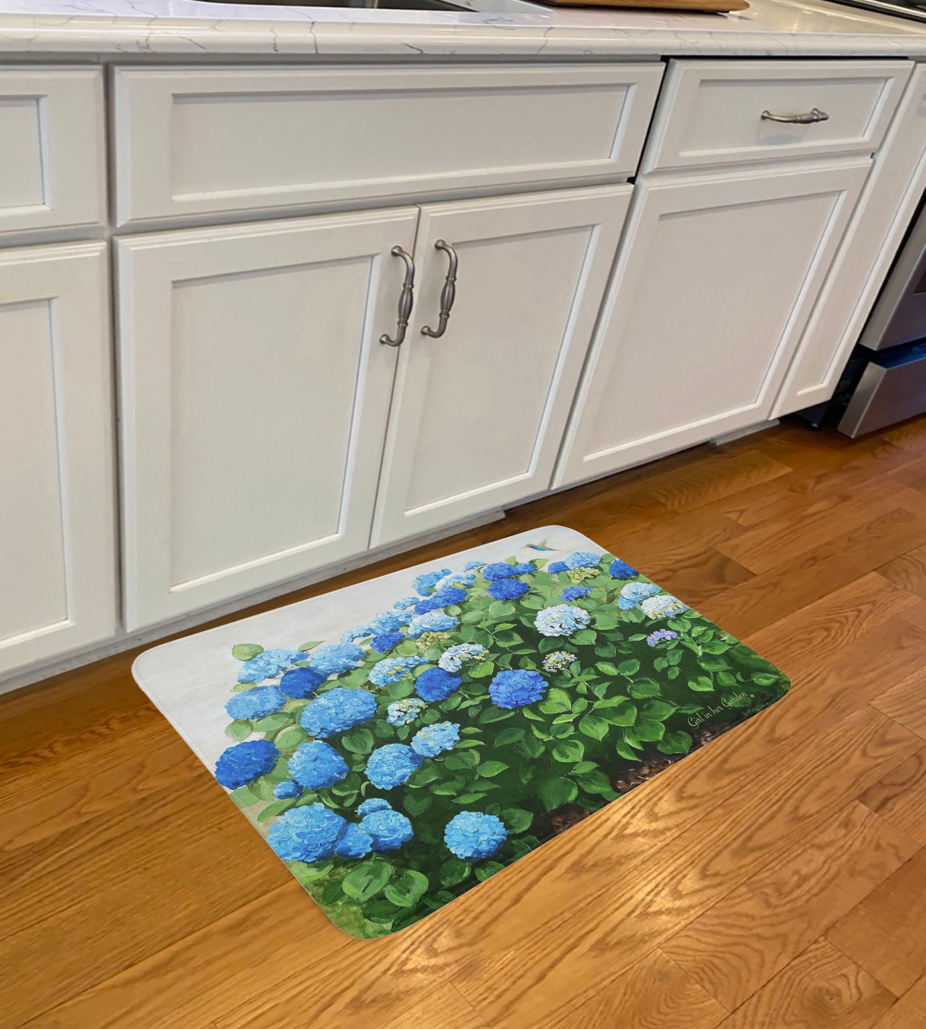 Floor Mat, Blue Floor Mat Sunflowers & Hydrangeas Anti Fatigue Mat
