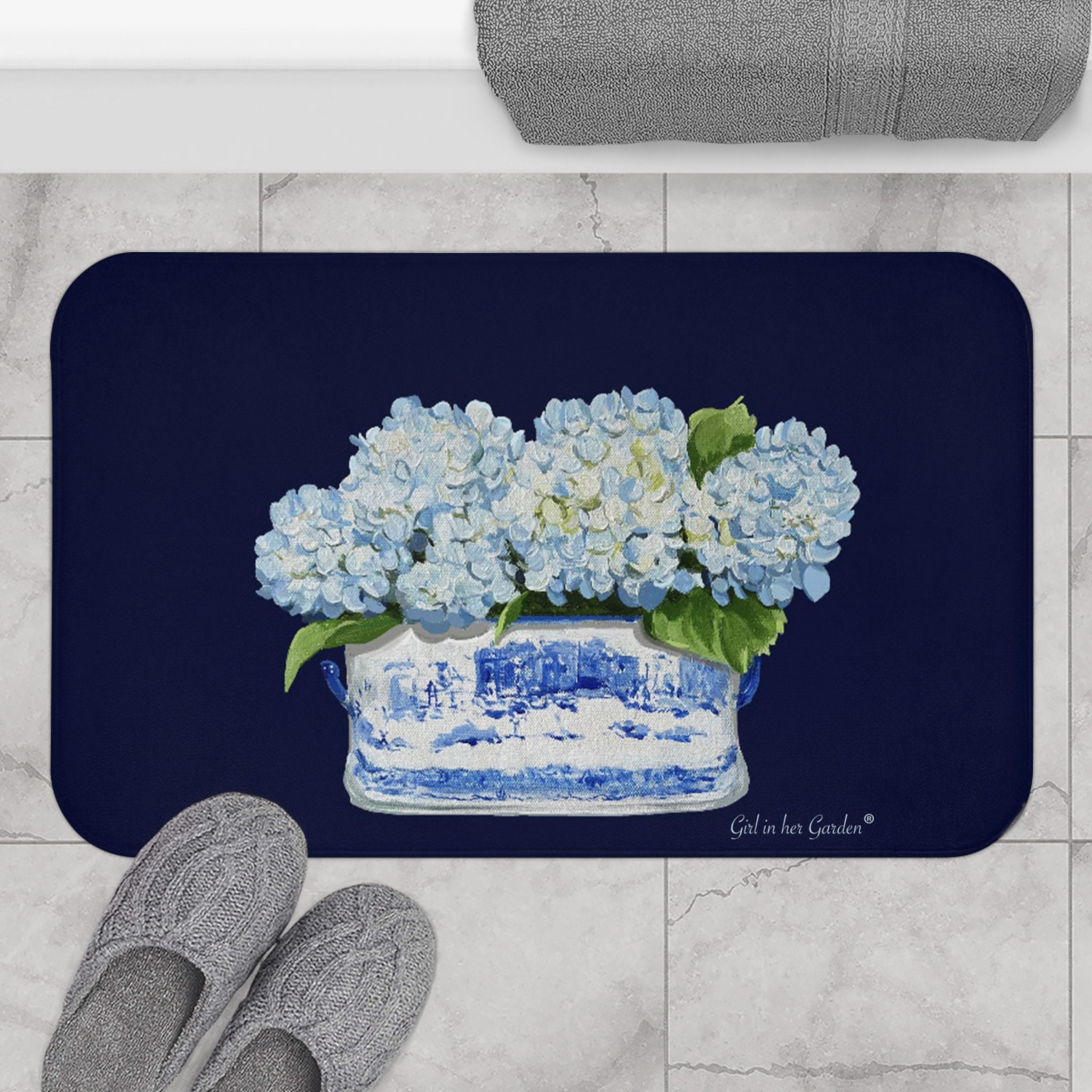Tufted Rug Blue Hydrangea Navy Floral Rug, Blue Hydrangea Kitchen Mat, Memory Foam Floral Bath ...