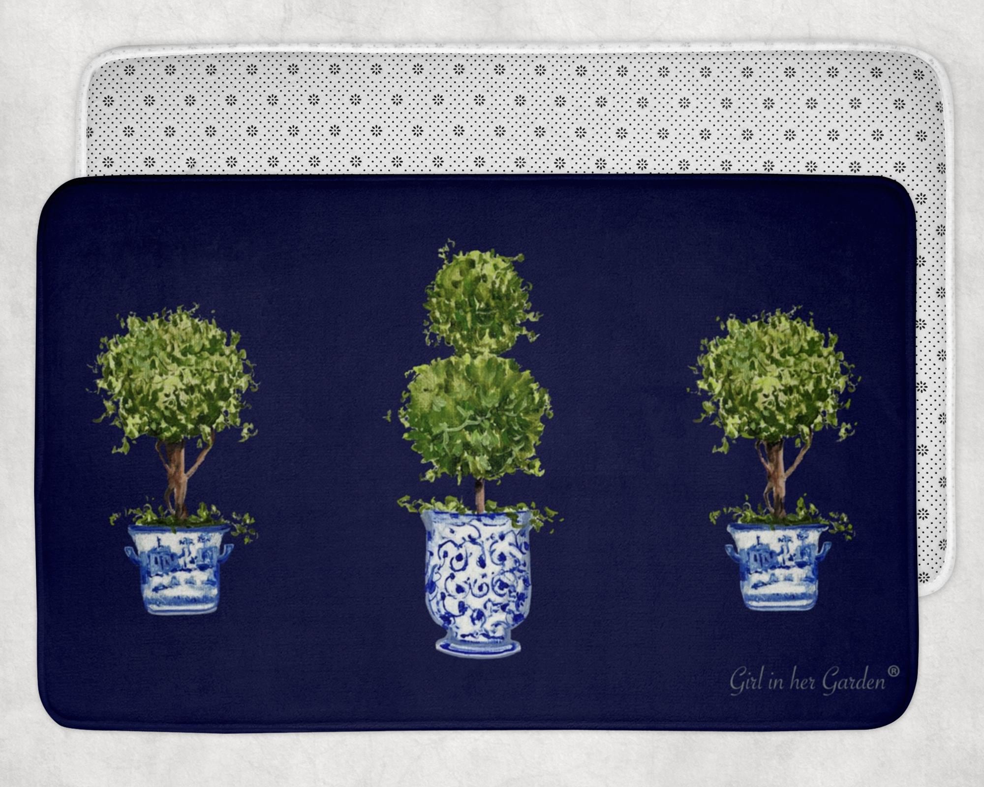Topiary Design Rug Blue Rug for Kitchen Floor Mat Topiary Mat for Bath Memory Foam Anti ...