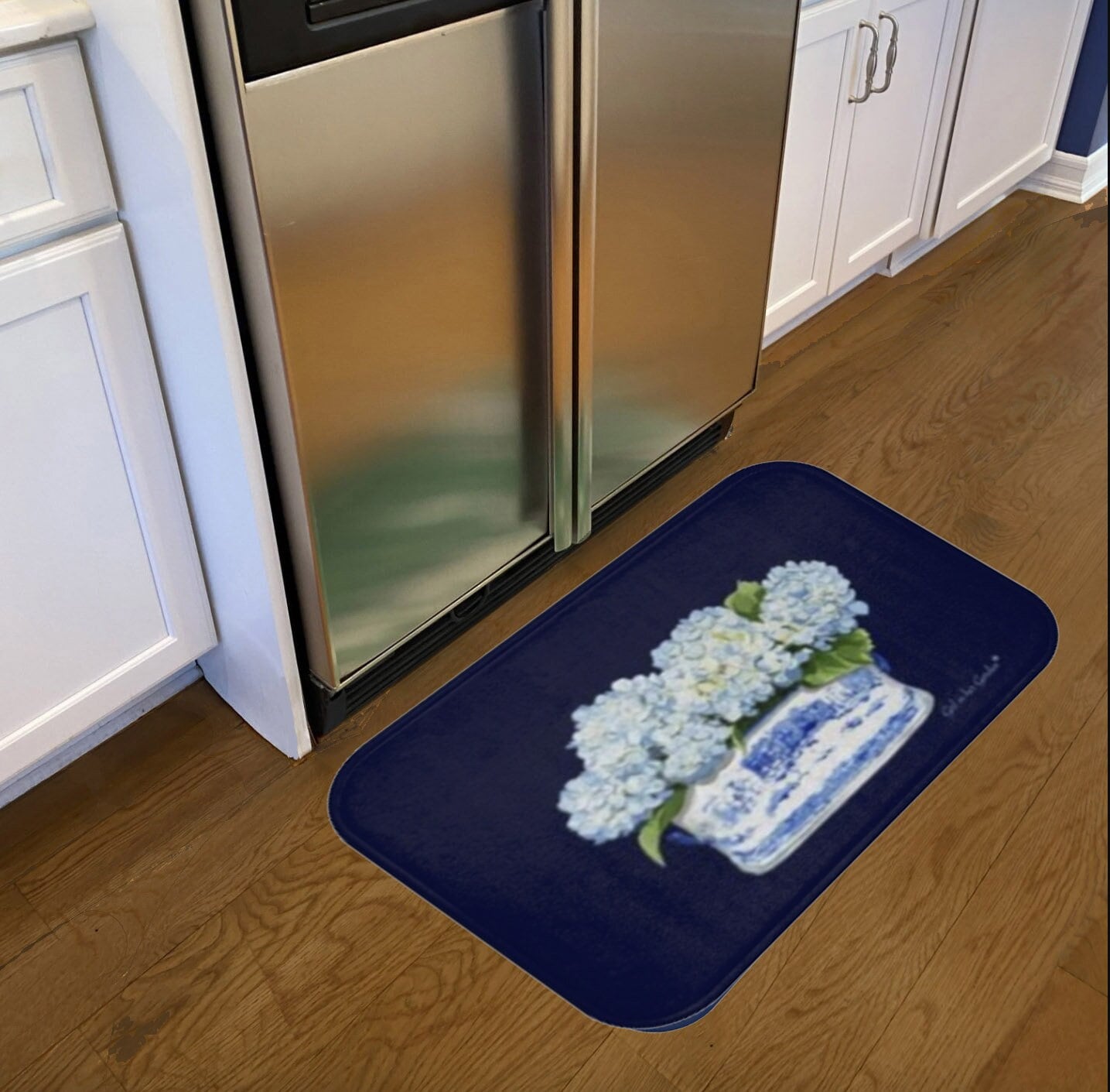 Tufted Rug Blue Hydrangea Navy Floral Rug, Blue Hydrangea Kitchen Mat, Memory Foam Floral Bath ...