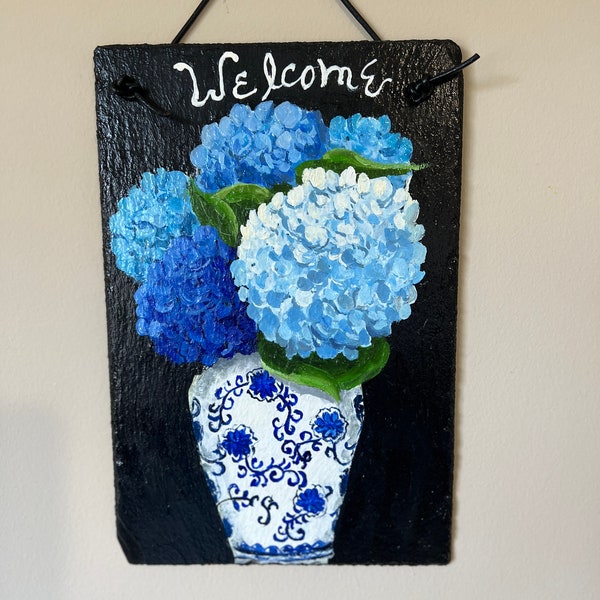 Porch Sign, Welcome Slate Sign, Porch Decor, Hand Painted Slate Sign, Spring Slate Sign, Outdoor Decor, Hydrangea Decor