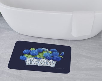 Bath Mat, Bath Rug Shower Mat Blue Rug Rug For Bathroom Blue Hydrangea Decor Kitchen Rug Blue Floral Mat Hydrangea Mat Kitchen Floor Mat