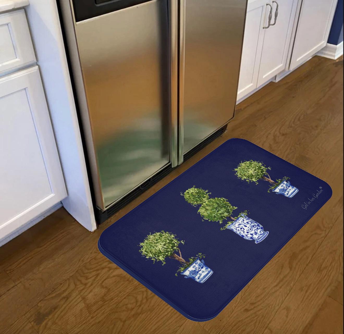 Topiary Design Rug Blue Rug for Kitchen Floor Mat Topiary Mat for Bath Memory Foam Anti ...