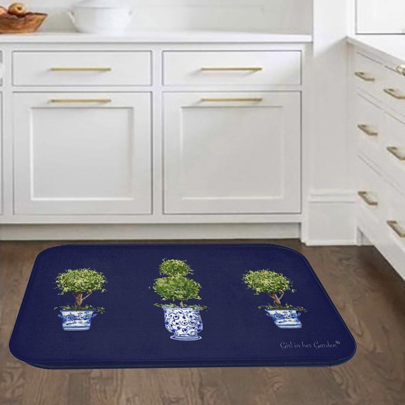 Topiary Design Rug Blue Rug for Kitchen Floor Mat Topiary Mat for Bath Memory Foam Anti ...