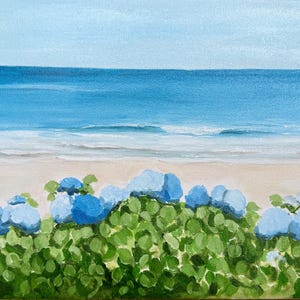 Blue Hydrangea Seascape Painting: Original Floral Oil Art (11x14)