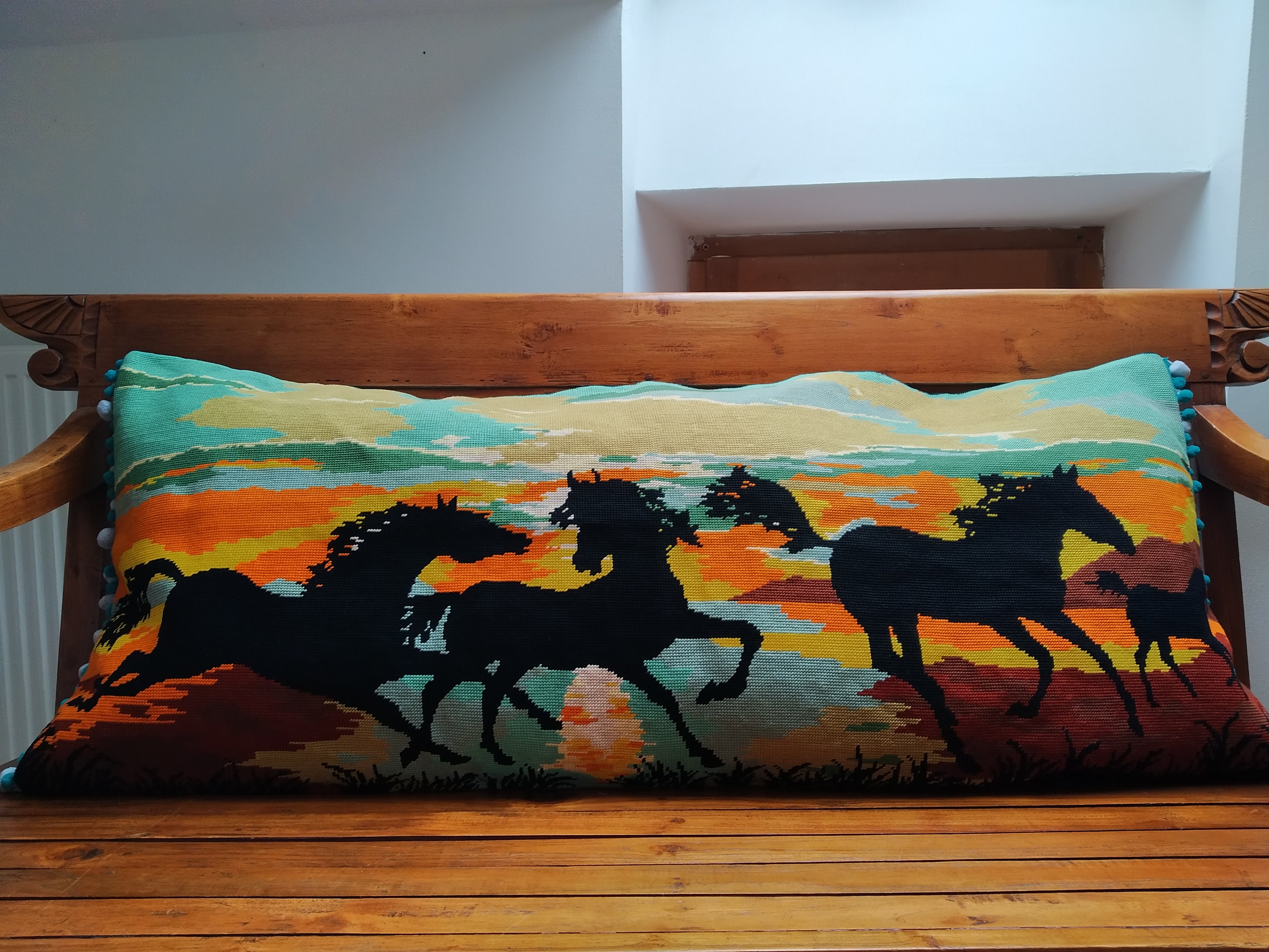 Couverture de Coussin Needlepoint Des Années 1970, Chevaux Sauvages Au Coucher Du Soleil