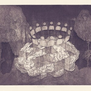 Fine art etching, handmade print, vaporwave cyberpunk, anatomy art, &quot;Followers&quot;