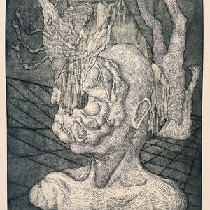 Original Kunstwerk, Radierung auf Papier, handgemachter Druck, Anatomie Kunst, "Camera Phone"
